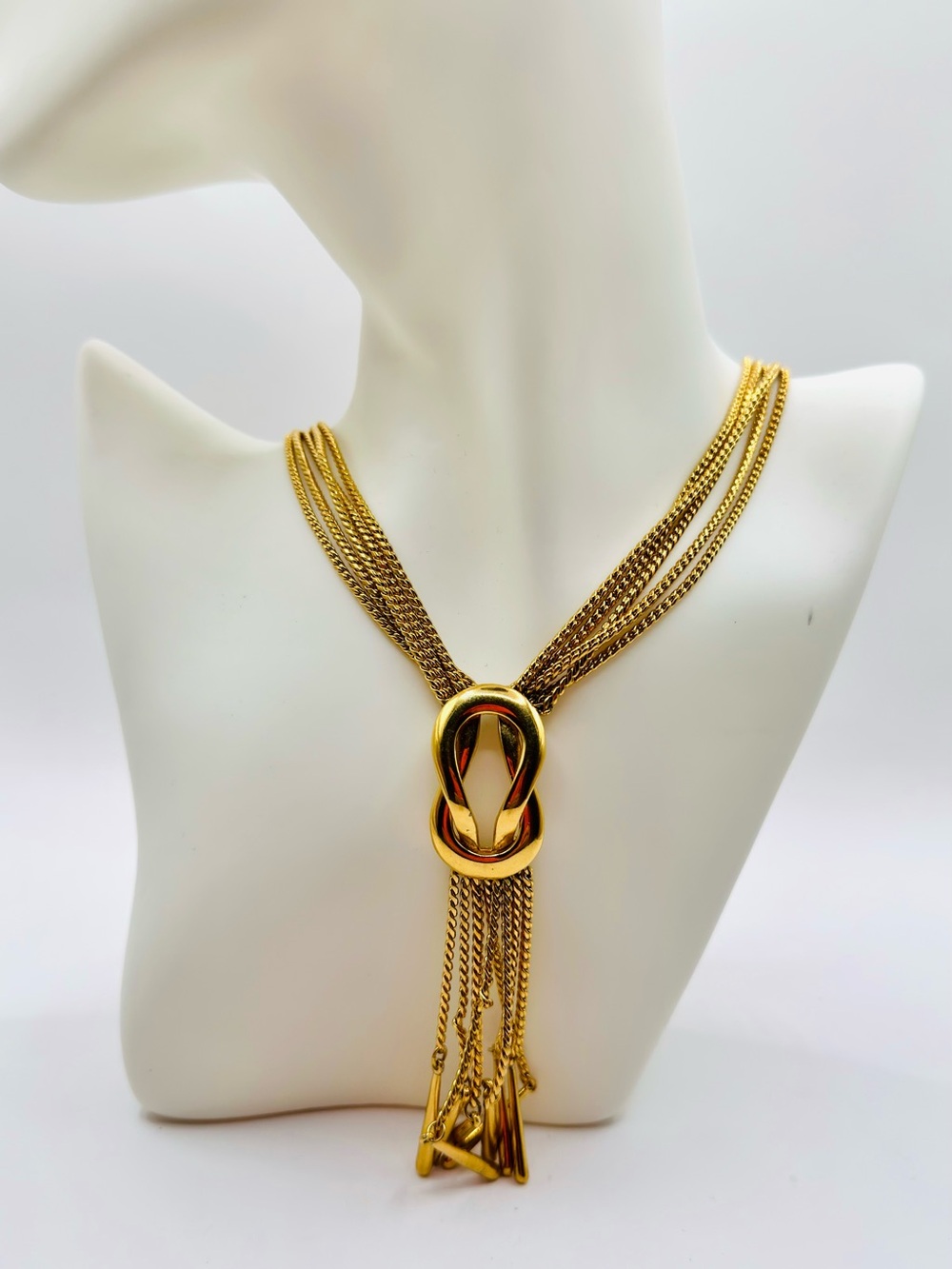 Vintage MONET Gold Tone Multi Strand Tassel Statement Necklace Signed